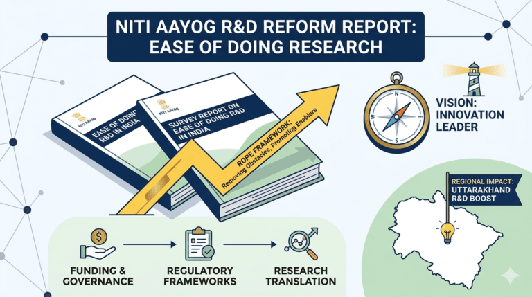 Infographic of NITI Aayog's R&D reform reports featuring the 'ROPE Framework' arrow pointing toward an 'Innovation Leader' vision, including icons for funding, regulatory frameworks, and research translation, with a highlighted map of Uttarakhand emphasizing regional research growth.