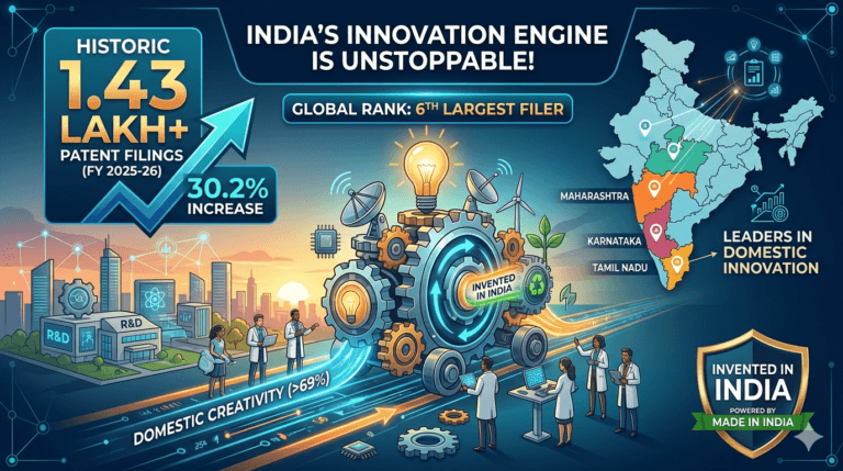 Infographic showing India's 30% growth in patent filings 2026
